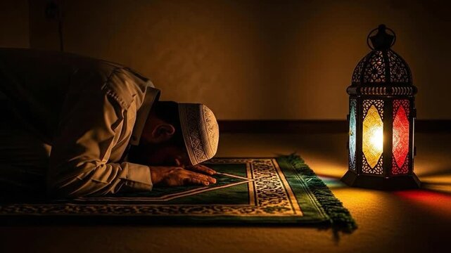 Spiritual Reflection: Man Praying on Mat with Lantern in Serene Environment