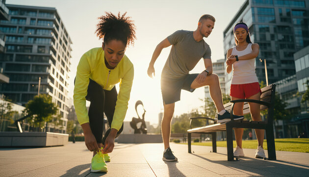 Diverse group of young multiethnic friends preparing for a run in a modern urban park at sunset, with a woman tying her shoelaces and others stretching and checking fitness trackers.