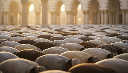 Large group of Muslim men performing prostration (Sujud) during congregational prayer in a mosque courtyard at sunset, bathed in warm golden light.