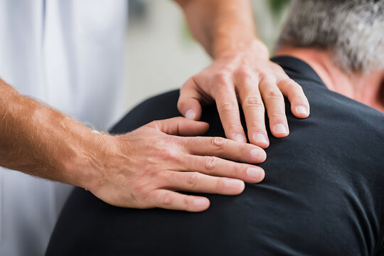 Professional physical therapist's hands examining a senior patient's upper back and shoulder.