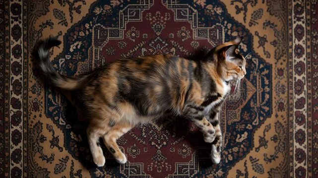Curious tortoiseshell cat playing with yarn in cozy indoor room
