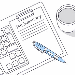 Desk setup with keyboard, pen, notepad, and coffee cup for PM summary  