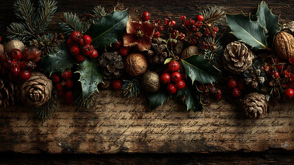 Rustic Christmas Garland with Holly, Berries, Pine Cones, and Walnuts on Vintage Wood Background