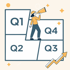 Illustration of woman using megaphone to present quarterly goals  