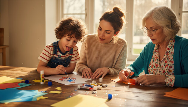 Three generations of a happy family sitting at a wooden table doing arts and crafts together, with a young boy painting a rocket while his mother and grandmother help in a sunlit room