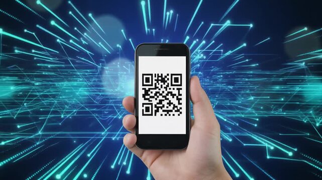 Human Hand Holding Smartphone with Qr Code on Digital Network Background