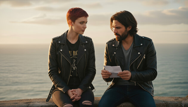 Young edgy couple wearing leather jackets sitting on a coastal wall at sunset, where the man reads a letter while the woman watches him with concern.