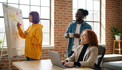 Diverse team collaborating in a bright, modern office with brick walls, presenting ideas on a whiteboard.