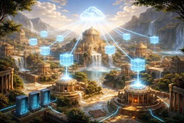 Ancient structures are surrounded by waterfalls in a digital landscape that blends nature with modern technology, highlighting data connections.