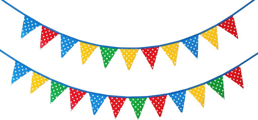 Colorful polka dot triangle bunting banners strung on blue cord festive decoration for celebrations and parties party triangular flags string red green transparent background