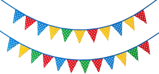 Colorful polka dot triangle bunting banners strung on blue cord festive decoration for celebrations and parties party triangular flags string red green transparent background