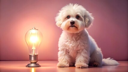 A fluffy, animated white dog with big, expressive eyes and a playful demeanor