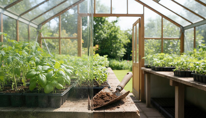 Young green seedlings growing in trays on wooden benches inside a sunlit glass greenhouse with a garden trowel and soil in the foreground.