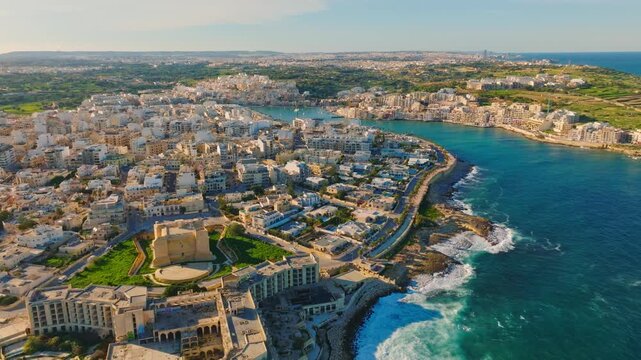 Drone view of Marsaskala city, countryside. Maltese island