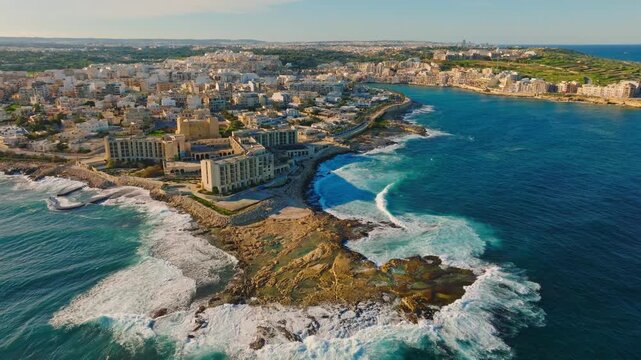 Drone view of Marsaskala city, countryside. Malta island