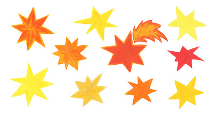 Obraz premium Hand drawn with crayon pastel set of abstract colorful shine orange star shapes. Bright red, yellow doodle sparkles and stars elements for graphic design, pattern, greeting cards, sparkle sticker
