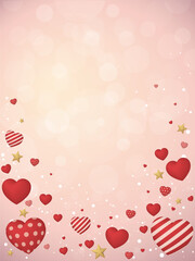 Heart balloons many designs and star floated with soft bokeh blurred pink background have blank space.