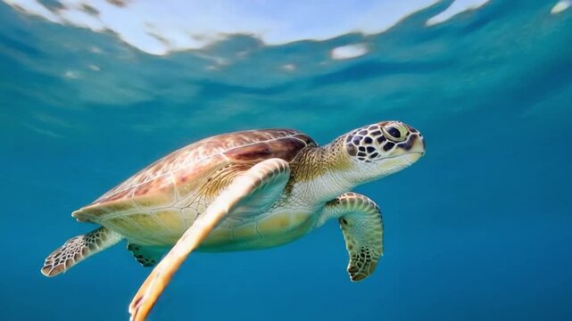 Sea turtle swimming underwater with a piece of coral in the foreground and a beautiful ocean background