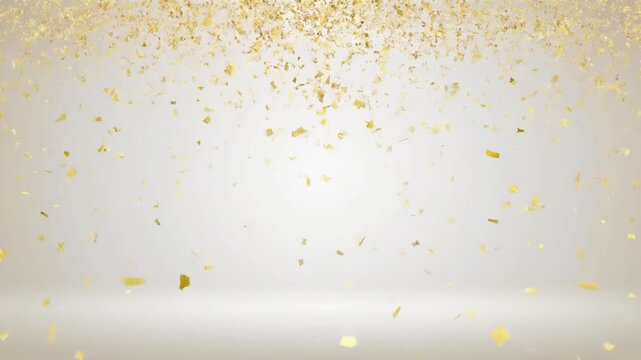 Golden confetti falling slowly on a white surface, capturing a celebratory atmosphere from a top-down viewpoint, referenced in a31b877f-5671-4e52-8382-f42a0f48b3d2.mp4