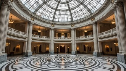 Grand interior of a luxurious building with a large dome