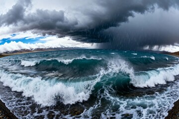 Stormy ocean waves crashing under dark clouds with rain falling over a rugged shoreline