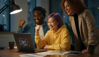 Diverse young team celebrating success while working late at night on a laptop displaying a network graphic.