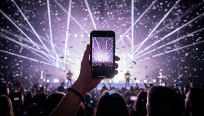 A person holding a smartphone to record a live music concert with vibrant laser lights and falling confetti in a crowded arena.