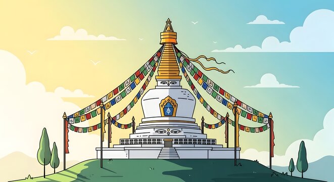 Serene buddhist stupa illustration with colorful prayer flags on a green hilltop