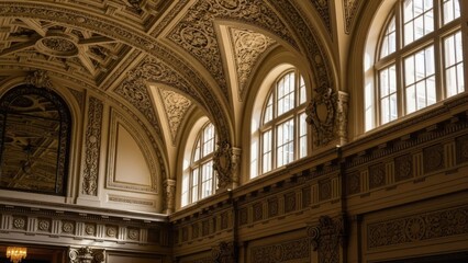 Ornate interior of a historic building with arched windows and intricate details