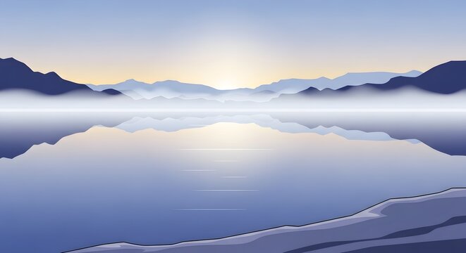 Peaceful mountain range and lake reflection with foggy sunrise - Powered by Adobe