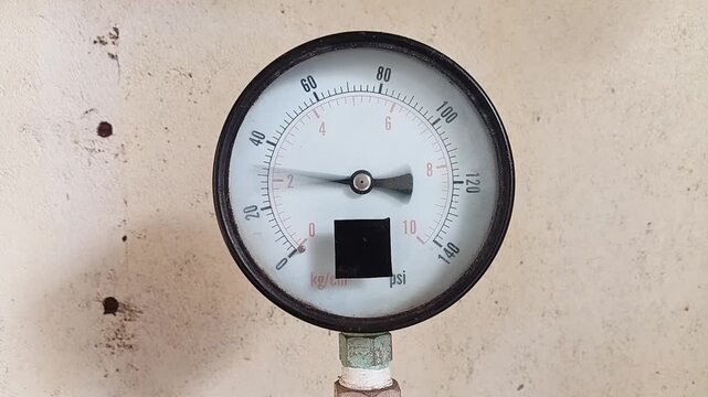 Close-up footage of an analog water pressure gauge with a moving needle indicating fluctuating system pressure on a pipeline in an industrial water treatment facility.