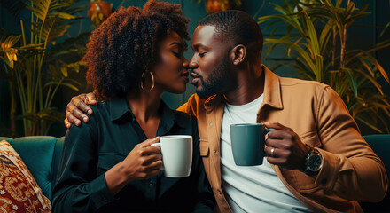 Romantic young Black couple sharing an intimate moment, leaning in for a kiss while holding coffee mugs on a cozy sofa in a warm, plant-filled living room.