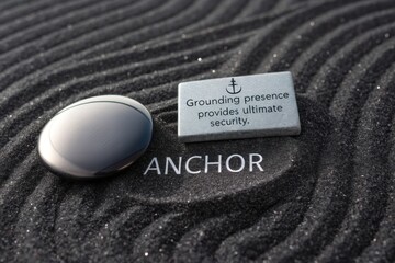 Anchor stone on sand with inspirational quote