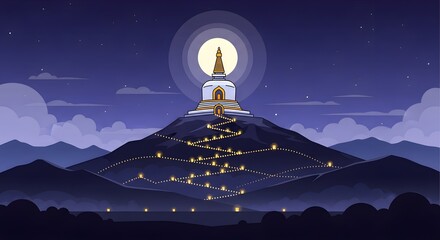Sacred stupa on a mountain under a luminous full moon illustration