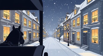 Illustrated historical village street with glowing hanukkah menorahs