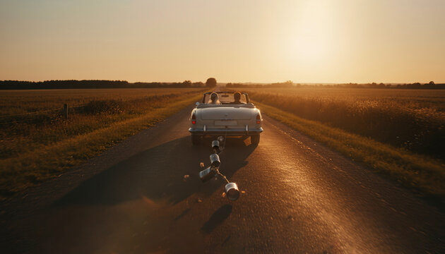 Newlywed couple driving a vintage convertible car into the sunset on a rural road with tin cans trailing behind, celebrating their wedding day during golden hour. - Powered by Adobe