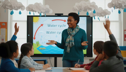 A smiling African American teacher explains the water cycle to a group of diverse elementary students in a bright, modern classroom with an interactive screen and creative decorations.