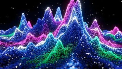 Abstract digital landscape with glowing colorful peaks and shimmering particles on a dark background.