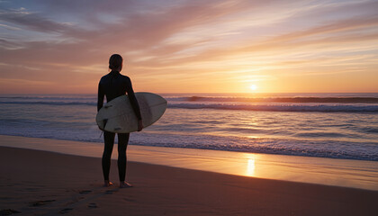 Silhouette of a female surfer standing on the wet sand holding a surfboard against a vibrant orange sunset over the ocean waves.