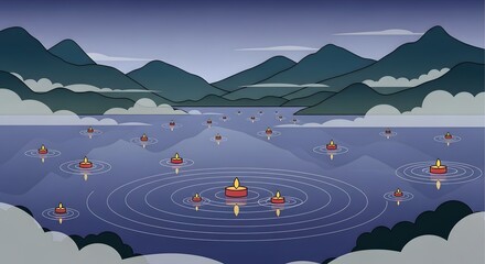Serene floating candle lanterns on a tranquil lake with mountain scenery at night