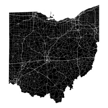 Ohio State Map Road Network Vector SVG Black Silhouette White Highway Lines Transparent Background Isolated Minimalist Cartography