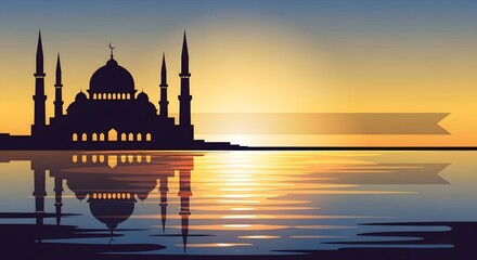 Silhouetted mosque with domes and minarets at sunset over water