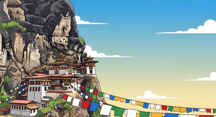 Sacred monastery on a high mountain cliff with colorful prayer flags illustration