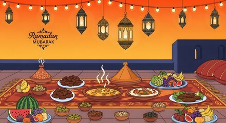 Festive ramadan iftar meal with traditional food and hanging lanterns