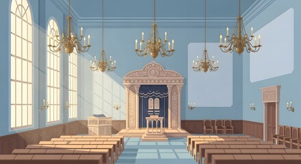 Elegant synagogue interior illustration with pews and torah ark