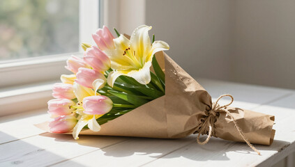 Pastel Spring Bouquet with Handmade Kraft Paper Wrap and Natural Light