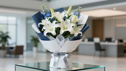 Modern Corporate Gift Bouquet with White Lilies and Blue Accents