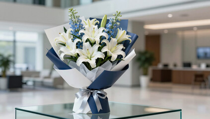 Modern Corporate Gift Bouquet with White Lilies and Blue Accents