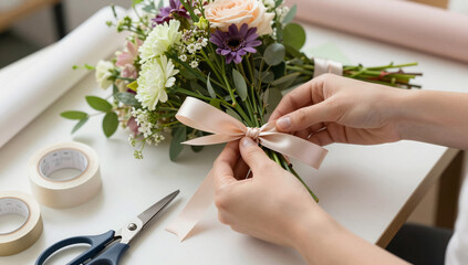 Professional Florist Hands Tying Ribbon on Gift Bouquet Workshop
