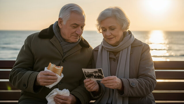 Elderly couple sitting by the sea at sunset, looking fondly at an old black and white photograph together.